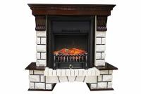 Электрокамин Pierre Luxe с очагом Fobos FX Brass Royal Flame, камень белый и шпон темный дуб