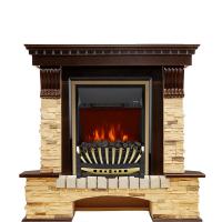Электрокамин угловой Pierre Luxe с очагом Aspen Brass Royal Flame, сланец и шпон темный дуб