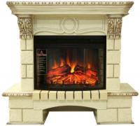 Электрокамин Pierre Luxe с очагом Dioramic 25 LED FX Royal Flame, кирпич шампань и шпон слоновая кость с патиной